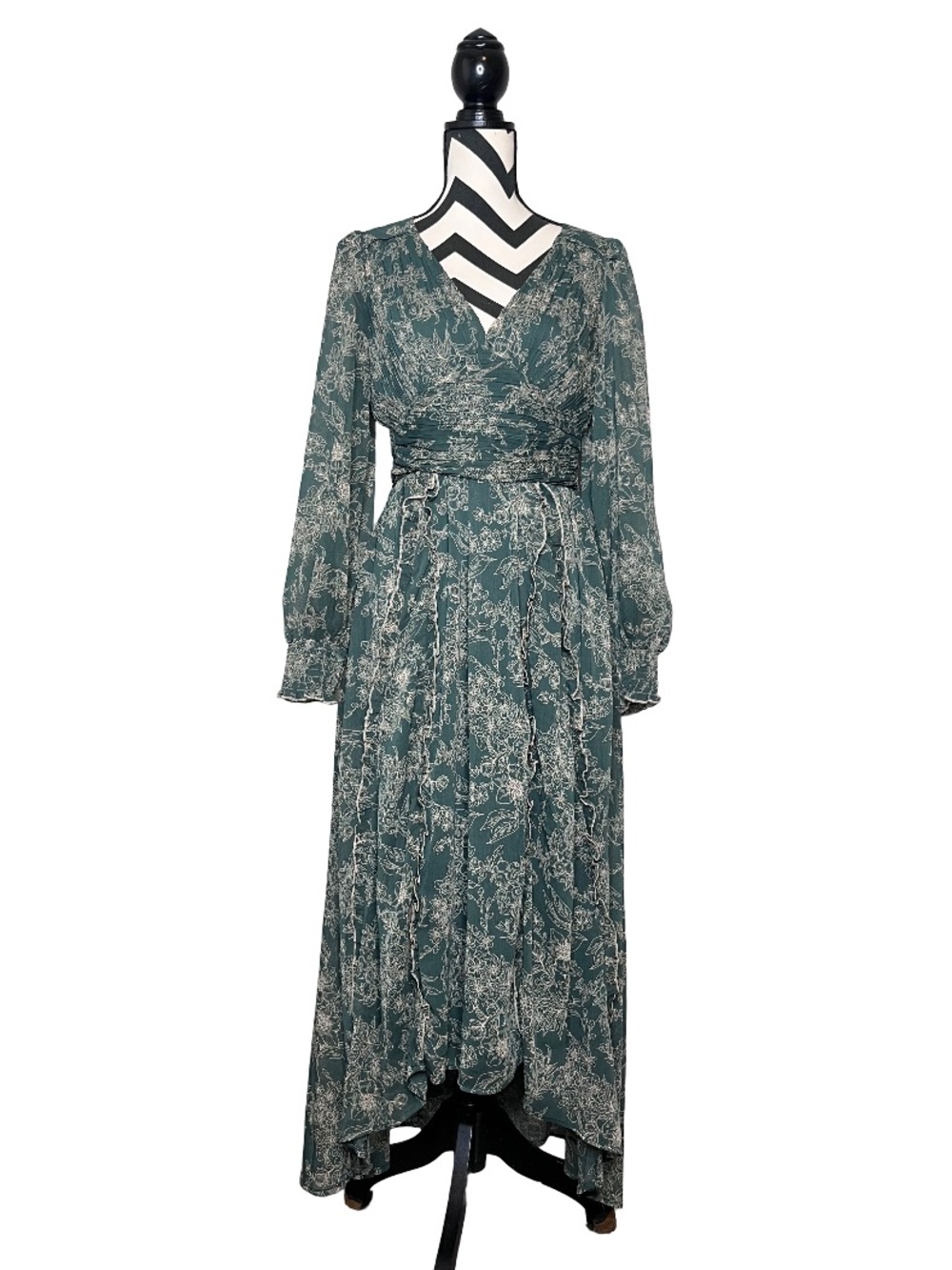 Ethereal Fairycore Sz M Whimsigoth Sheer Forest Green V-Neck Flowy Midi Dress